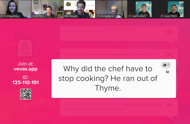 Jokes during a Vevox live virtual quiz