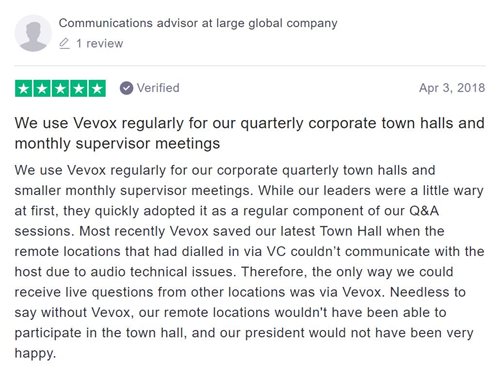 Vevox - communications Trustpilot review