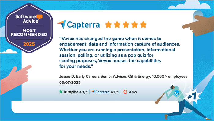 Software Advice 'Most Recommended' 2025 badge with review quote: evox has changed the game when it comes to  engagement, data and information capture of audiences.  Whether you are running a presentation, informational session, polling, or utilizing as a pop quiz for  scoring purposes, Vevox houses the capabilities for your needs